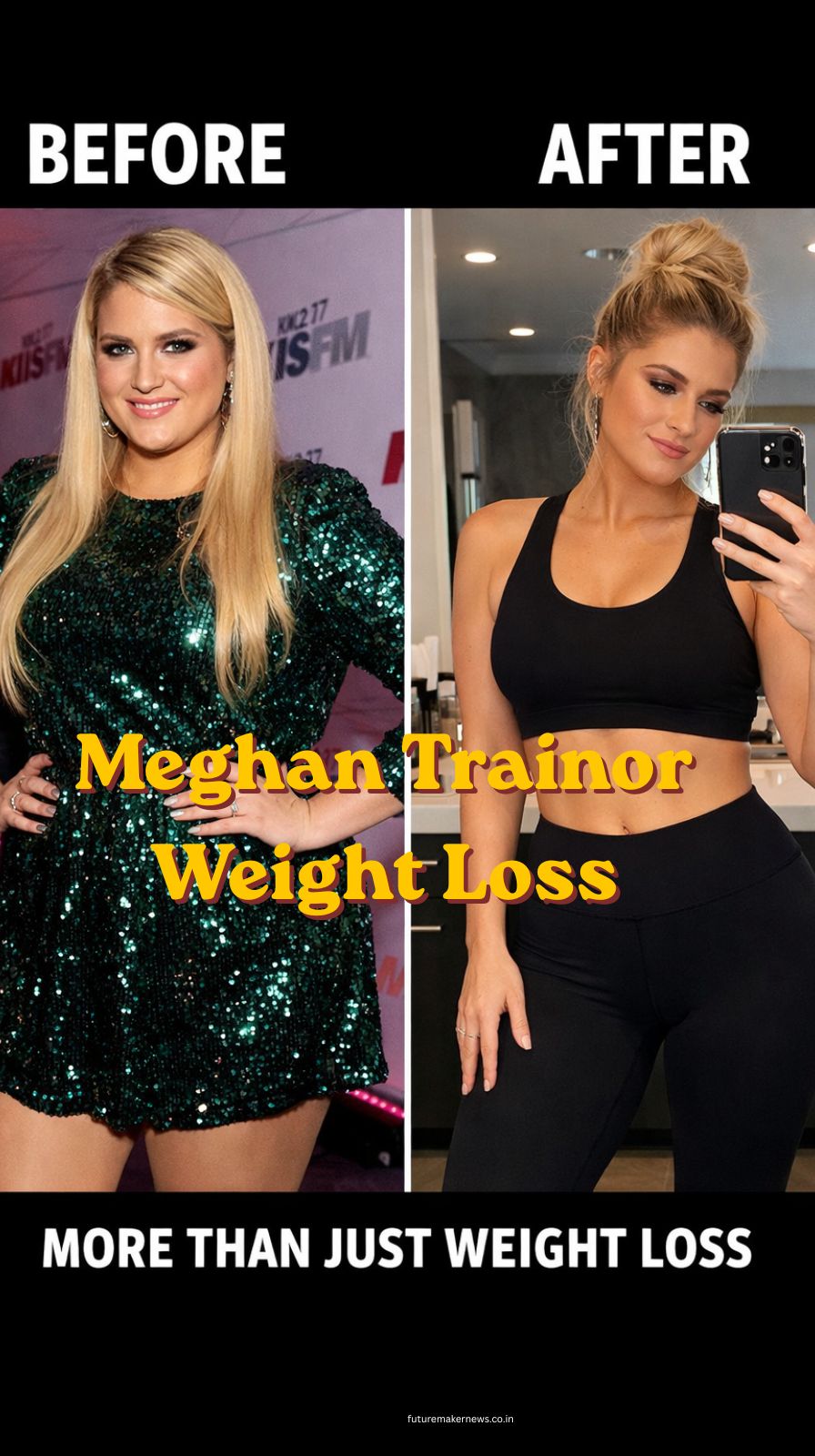 Female pop star showcasing before and after health transformation with focus on fitness and confidence