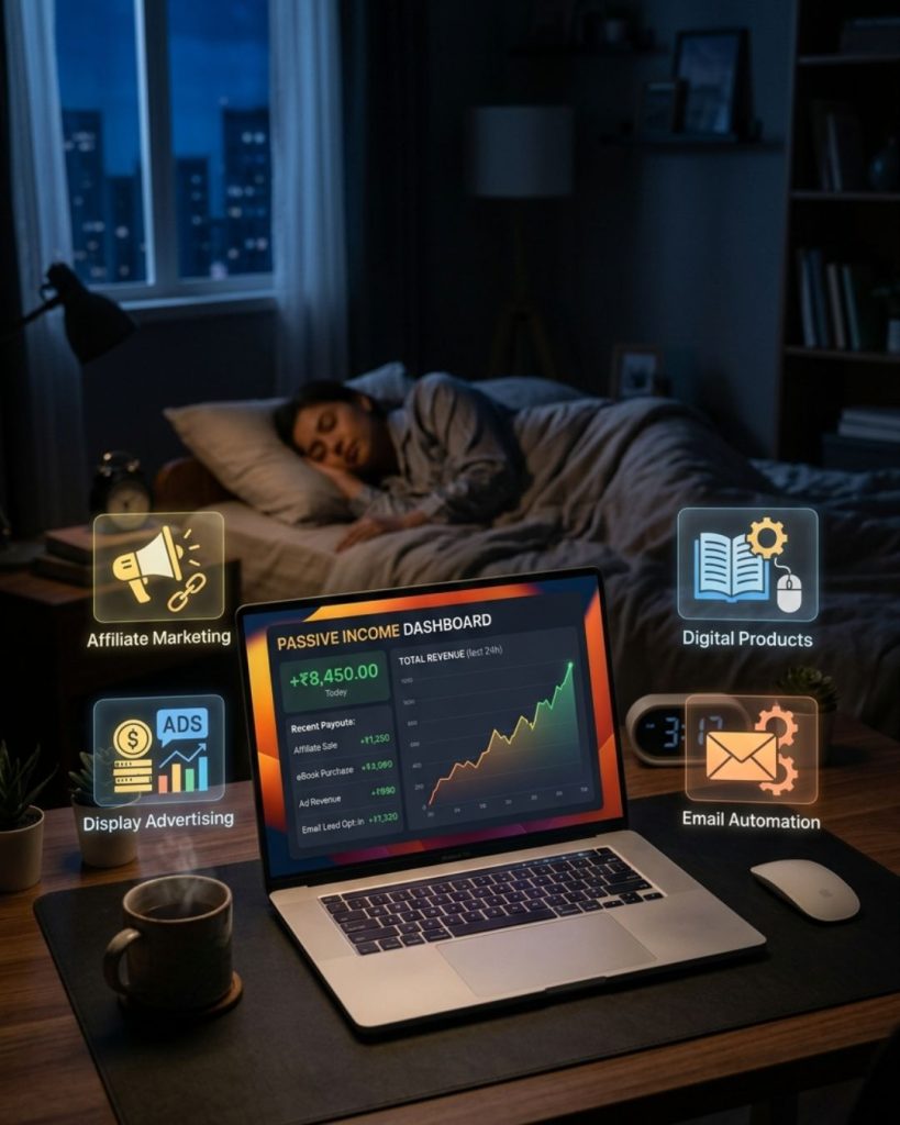 Laptop showing passive income streams like affiliate marketing, ads, and digital products generating revenue overnight