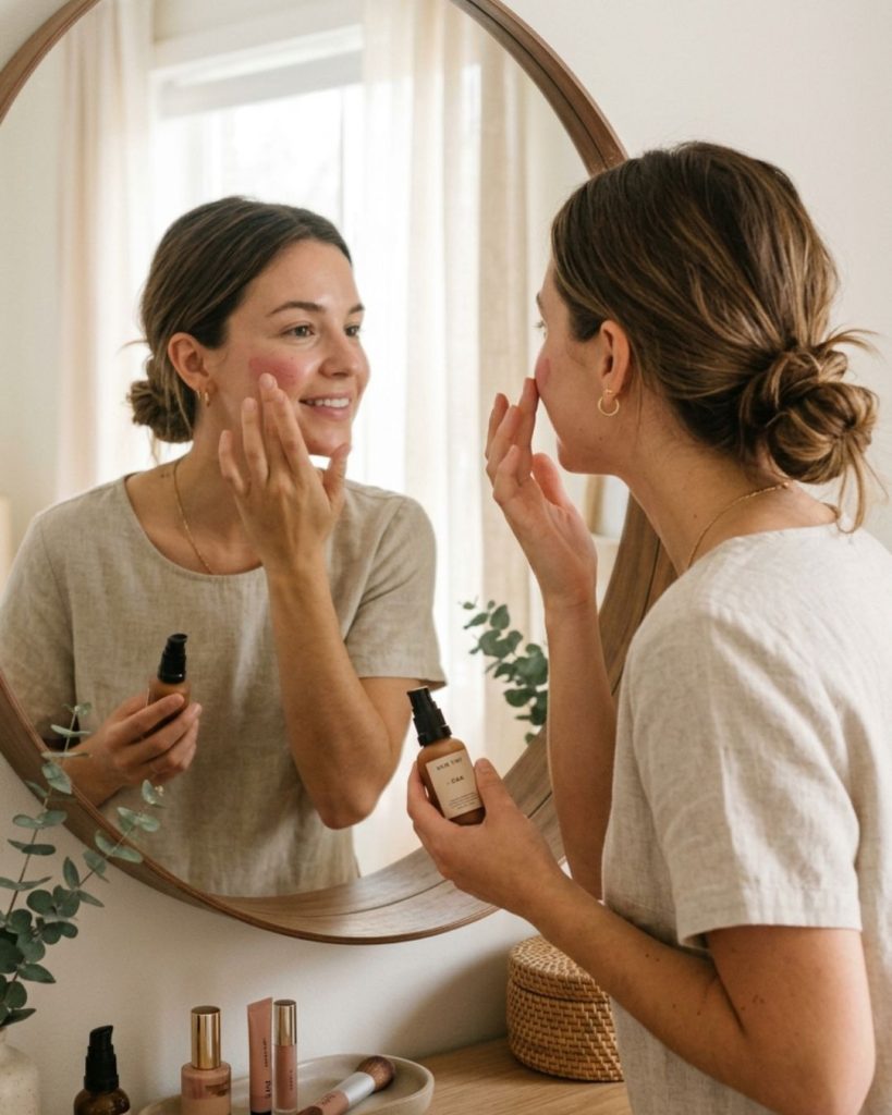 Woman applying cream blush and light foundation for a natural makeup look