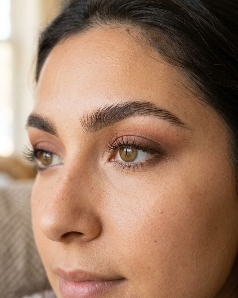 Close-up of natural eye makeup with neutral tones and well-groomed brows