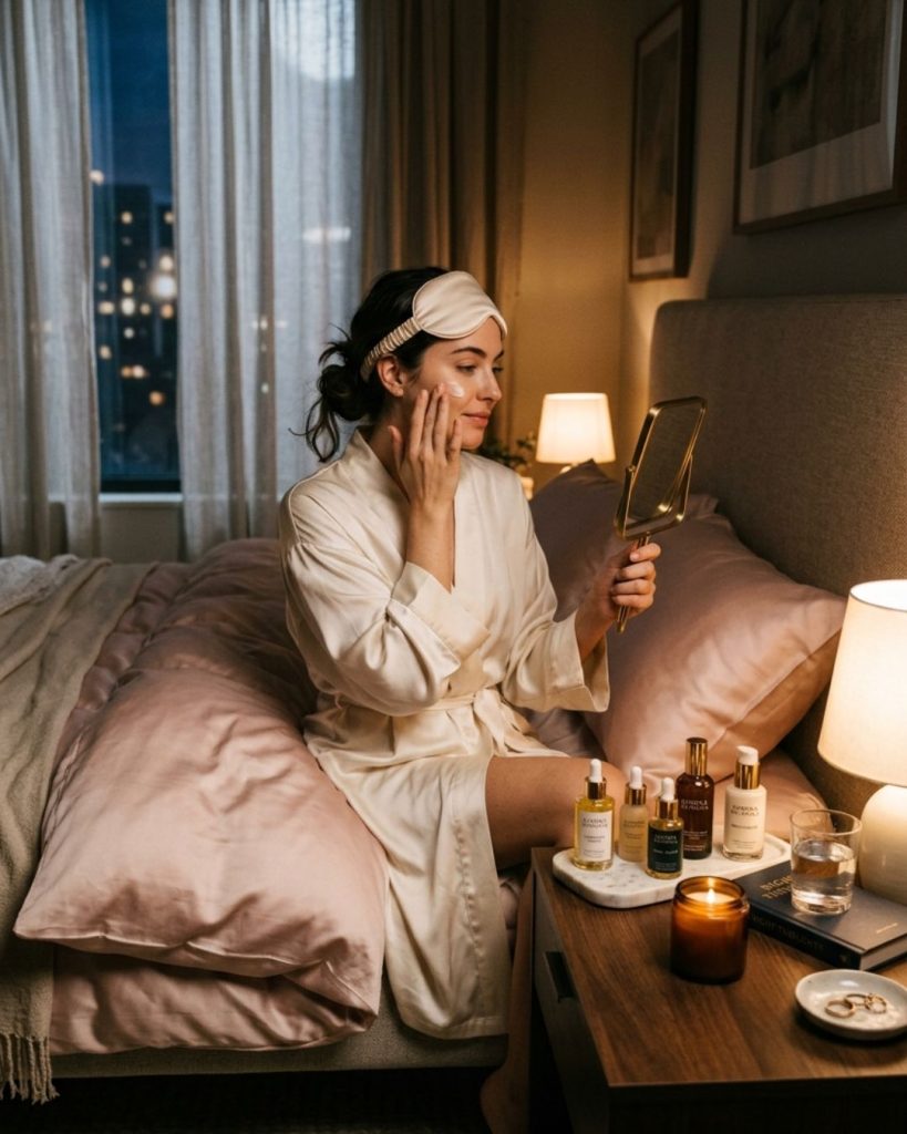 Night skincare routine setup with silk pillowcase and luxury products