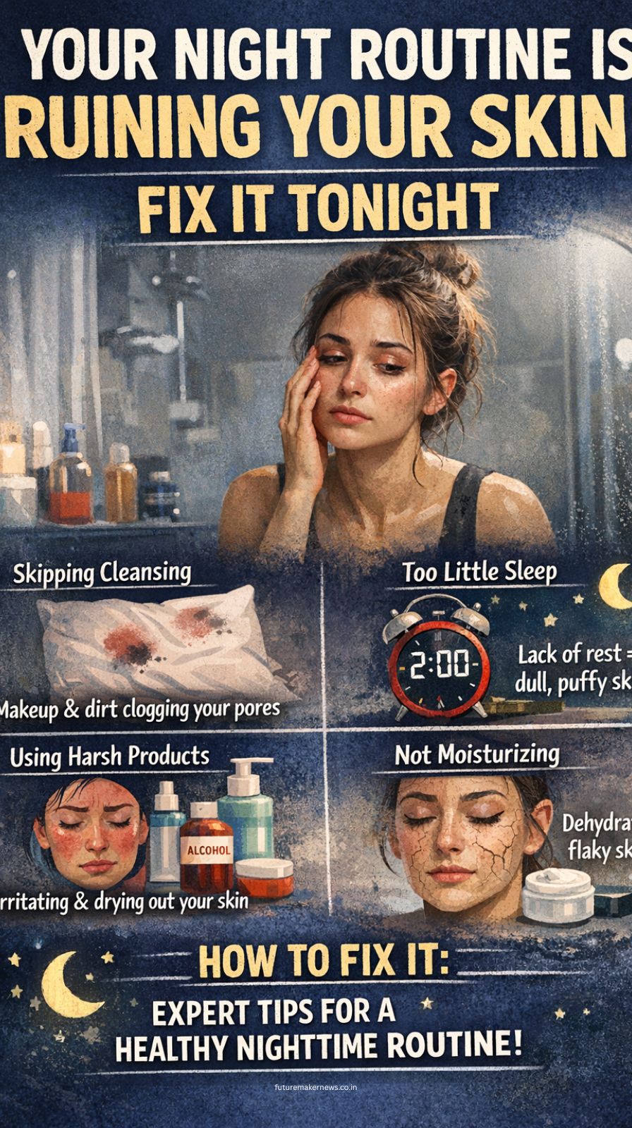 Comparison of bad vs good night skincare routine showing habits affecting skin health