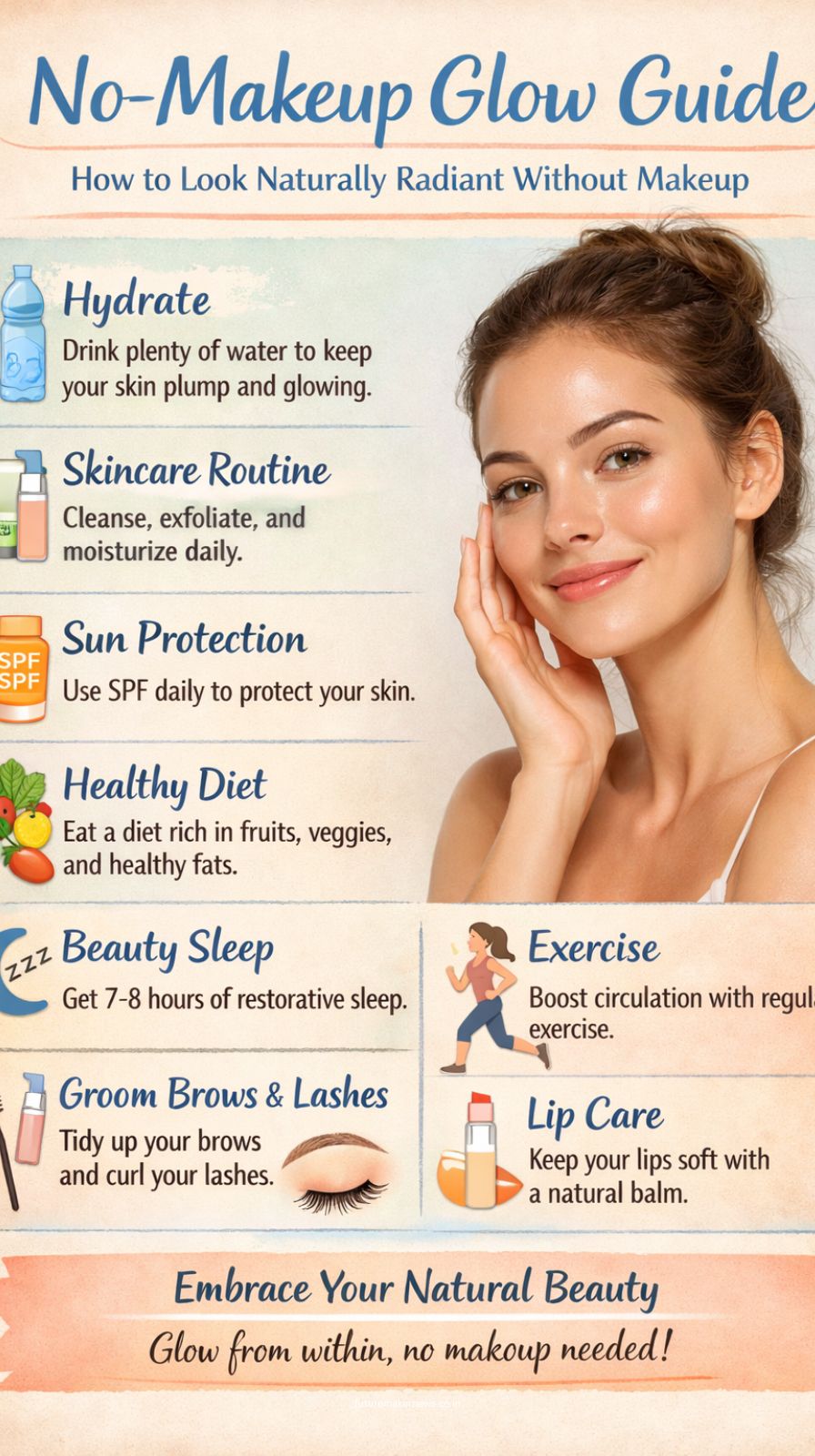 Woman with naturally glowing skin and no makeup in soft morning light