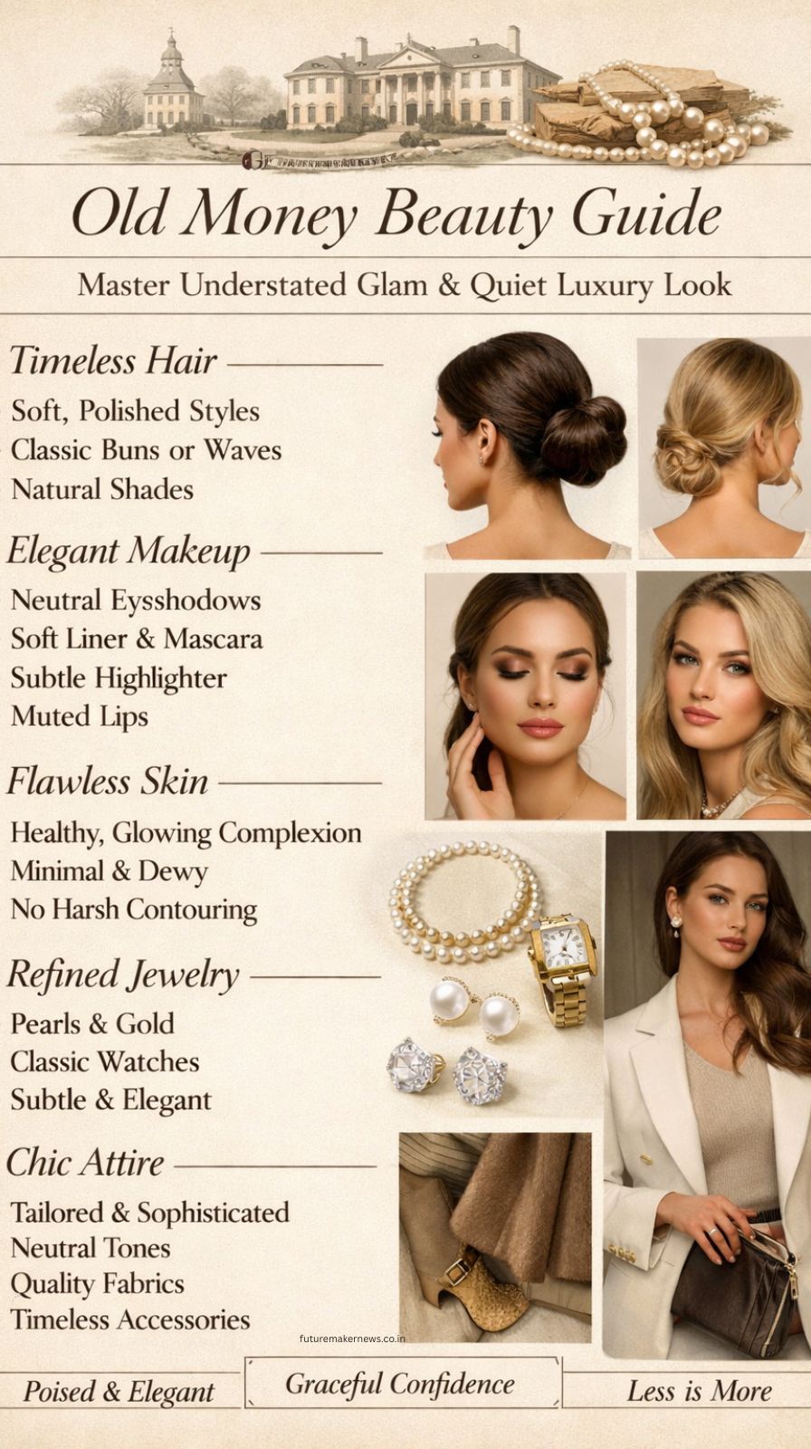 Elegant woman with natural glowing skin and minimal makeup in old money style