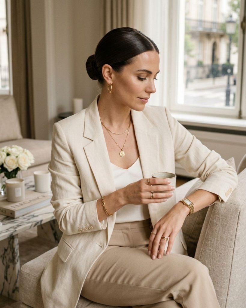 Woman with sleek bun hairstyle and natural manicure in elegant style