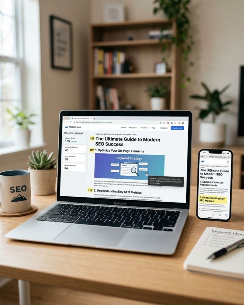 Laptop and smartphone showing optimized blog page with headings, URL structure, and SEO elements for better rankings