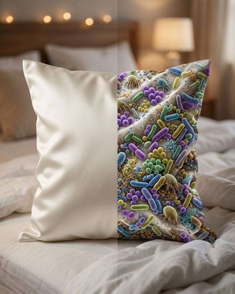 Clean vs dirty pillowcase showing bacteria impact on acne-prone skin