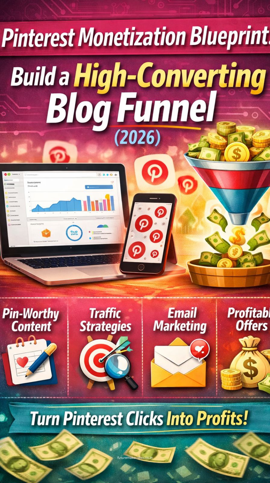 Pinterest marketing funnel displayed on laptop with blog monetization strategy setup
