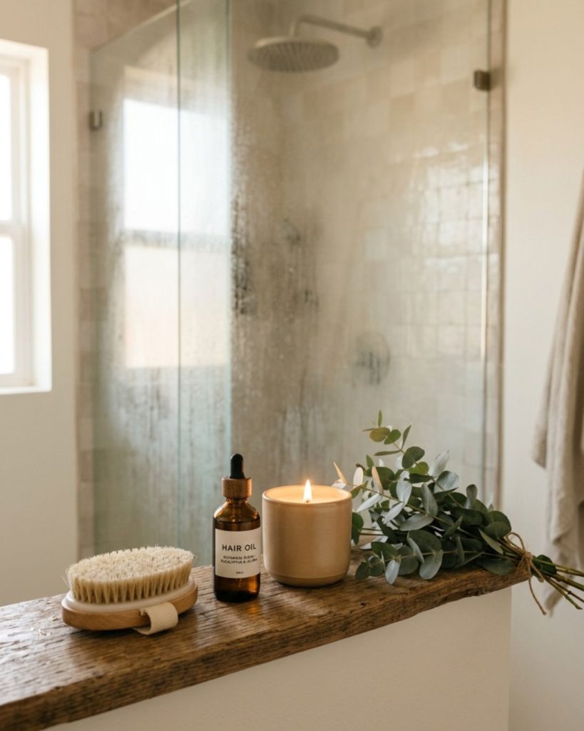 Dry brush, hair oil, and candle arranged in a spa-like bathroom for pre-shower routine