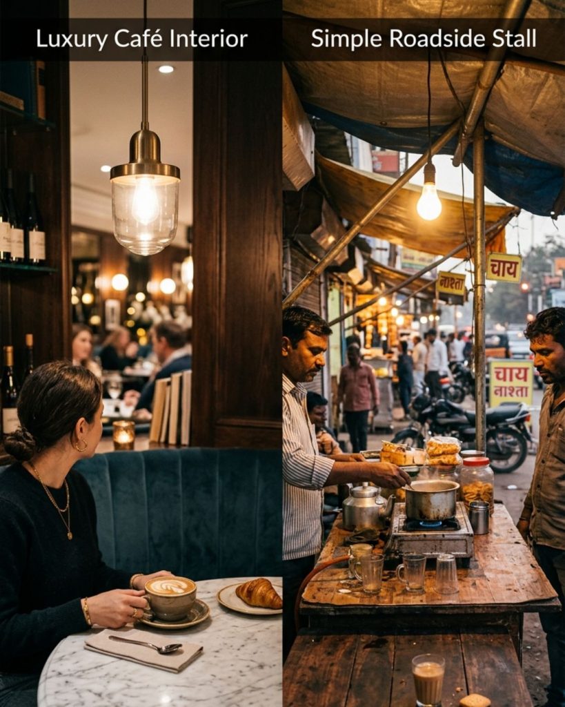 Comparison of luxury café and basic shop showing perceived value difference