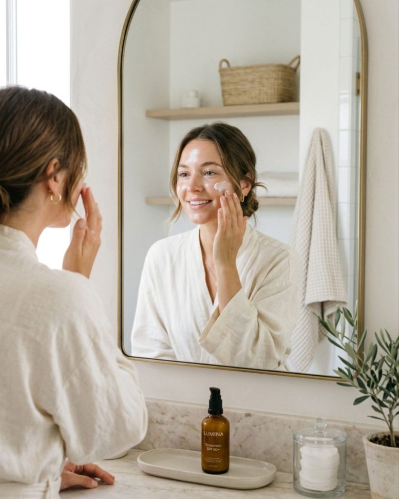 Woman applying sunscreen as part of preventative luxury skincare routine