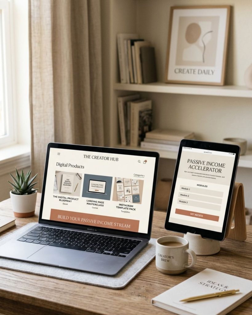 Digital products like courses and ebooks displayed on devices representing monetization