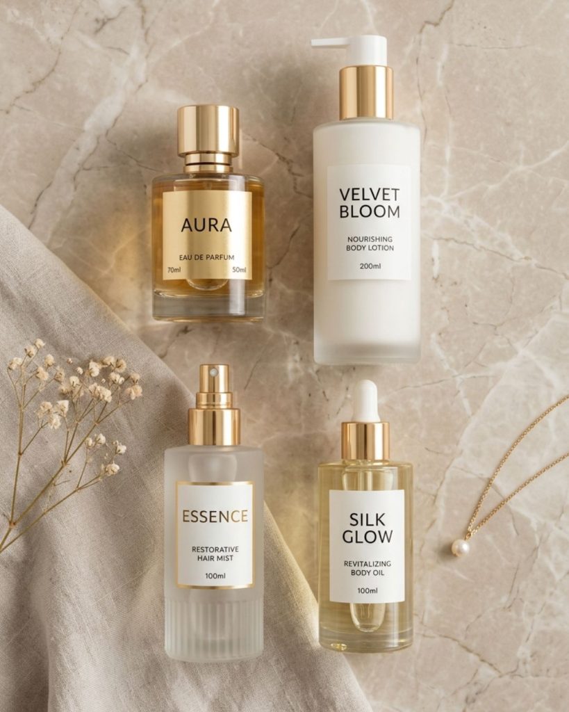 Perfume, body lotion, and oil arranged for scent layering routine on a vanity