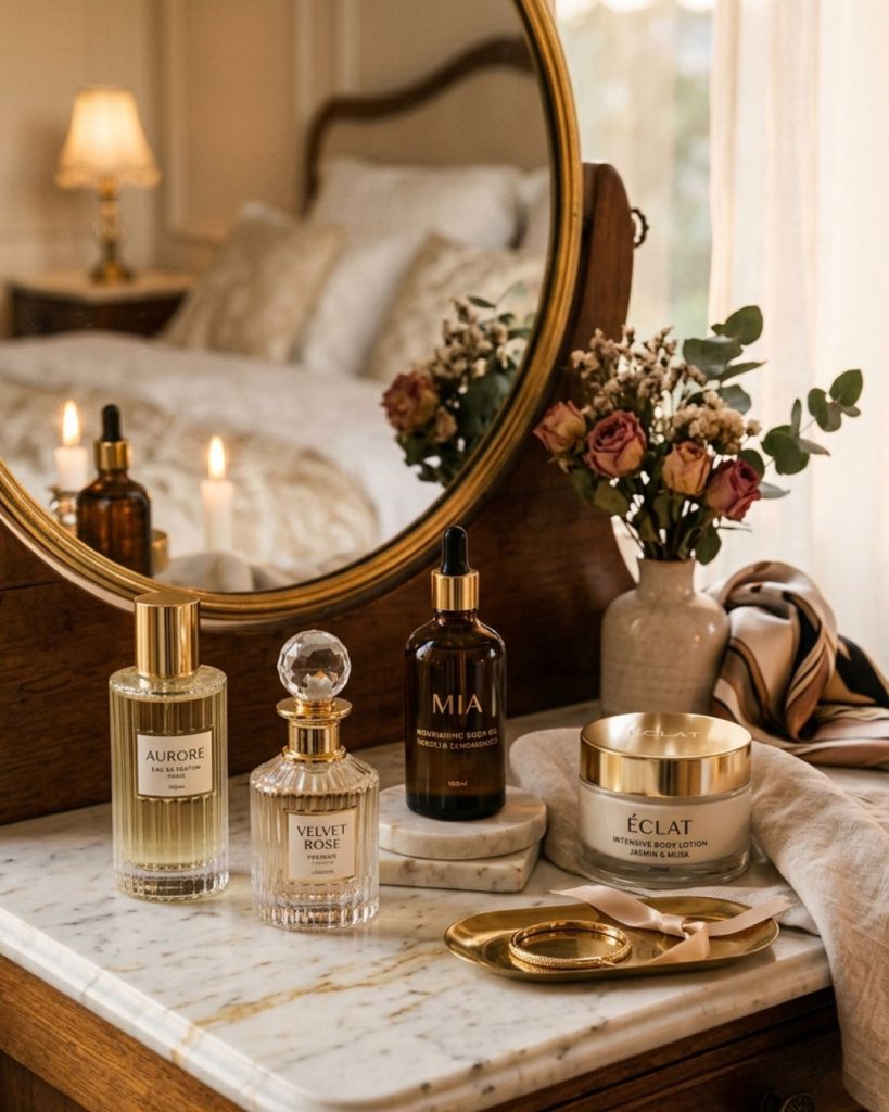 Luxury perfume and body care products arranged for scent layering routine