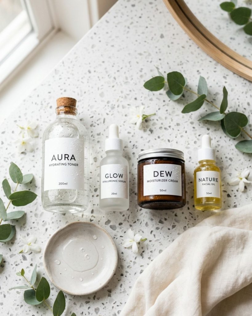 Minimal skincare routine with hydrating products on a clean surface