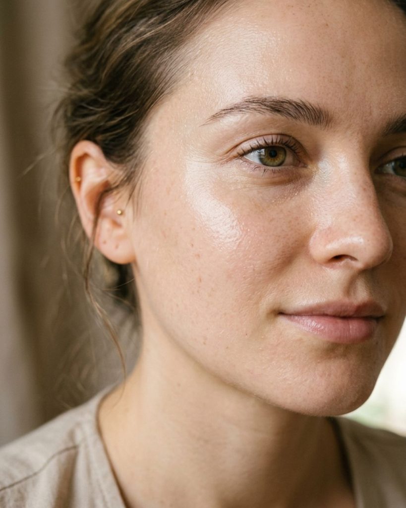 Close-up of glowing hydrated skin with natural texture and minimal makeup