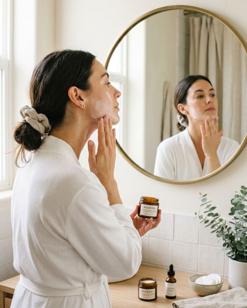 Applying skincare to jawline neck and hairline areas for complete routine