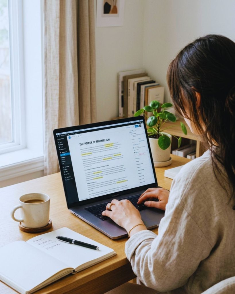 Person working on a blog article with SEO content on a laptop representing introvert-friendly online income strategy