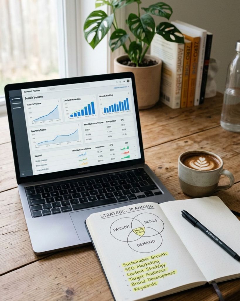 Workspace with keyword research, trend graphs, and planning notes showing how to find a profitable evergreen niche