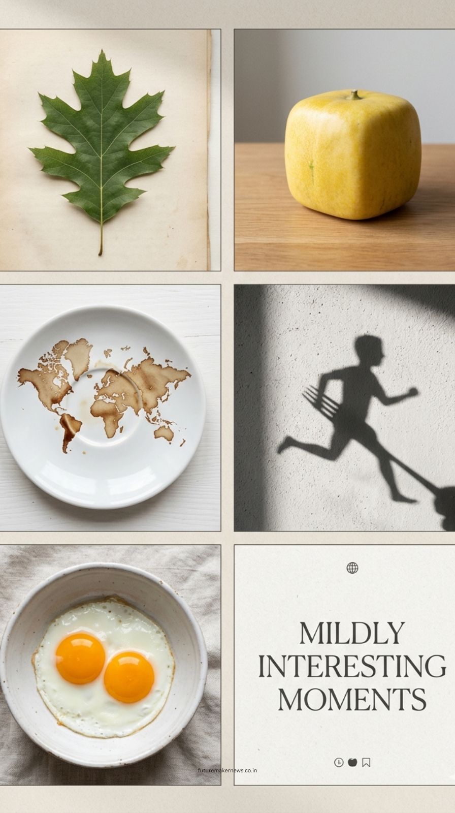 Collage of mildly interesting everyday objects including symmetrical leaf, square fruit, coffee stain art, shadow illusion, and double-yolk egg