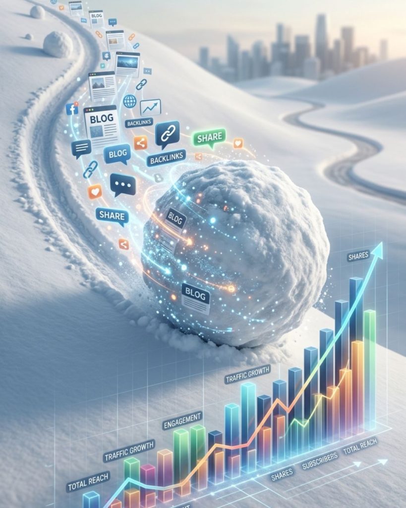 Snowball growing larger with digital icons representing compounding traffic and SEO growth from evergreen content