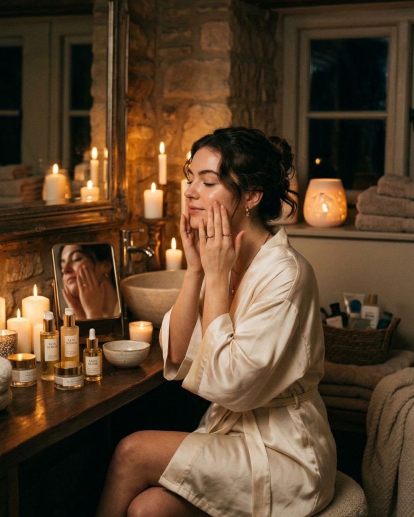 Night skincare routine with serum application in a calm luxury setting