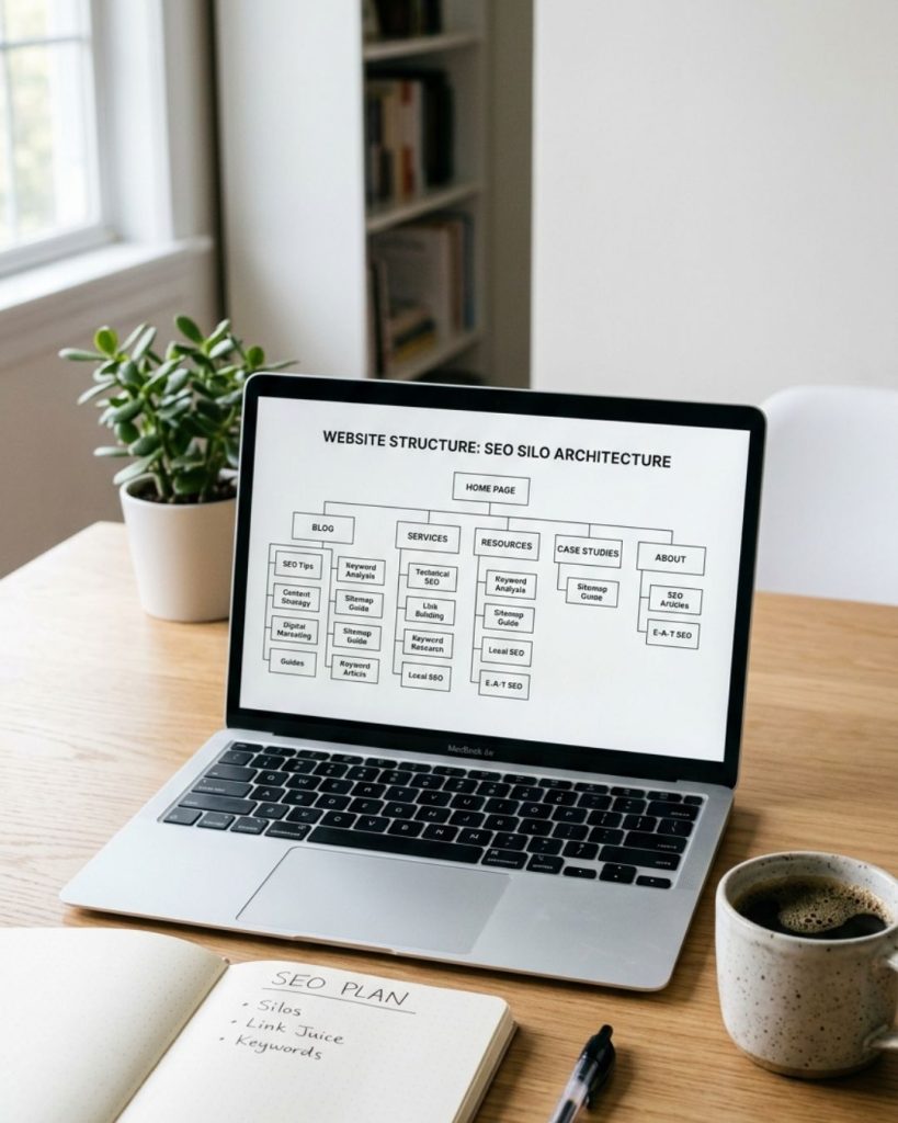 Laptop displaying organized website structure with content silos representing SEO-friendly blog architecture