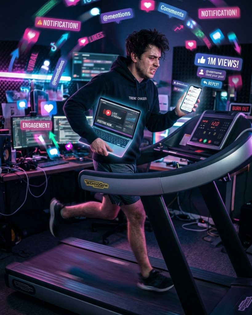Person overwhelmed running on a treadmill with social media icons representing burnout from chasing online trends