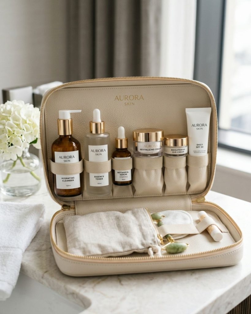 Luxury travel skincare kit organized neatly for consistent beauty routine