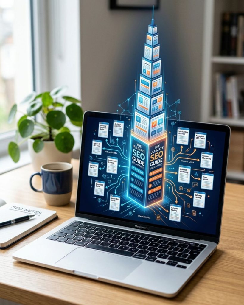 Illustration of a pillar blog post connected to smaller articles showing hub and spoke SEO content strategy