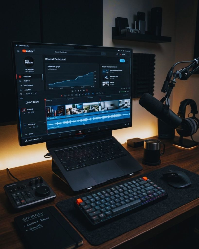 Laptop displaying a faceless YouTube channel setup with video editing and voiceover tools representing anonymous content creation