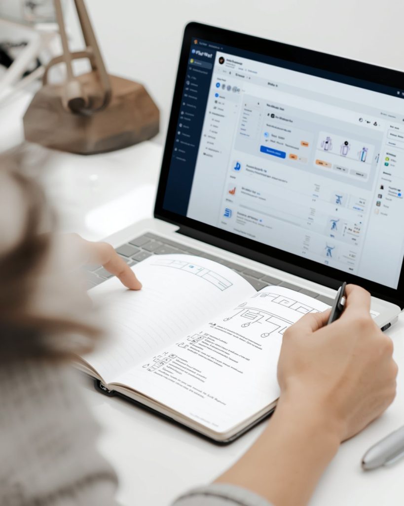 Tutorial setup showing step by step process on laptop for solving a problem using a specific tool.
