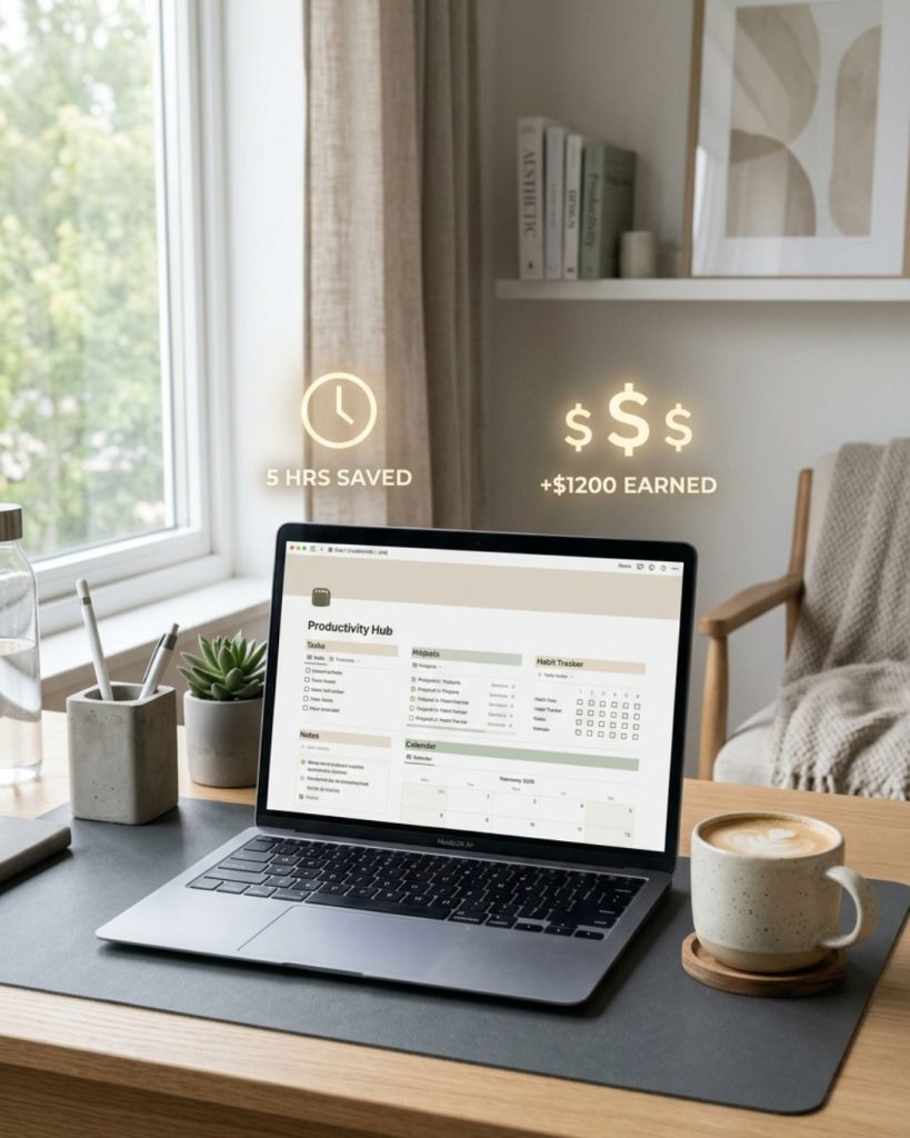 Minimal workspace showing a digital product on a laptop symbolizing time-saving and self-selling online income tools