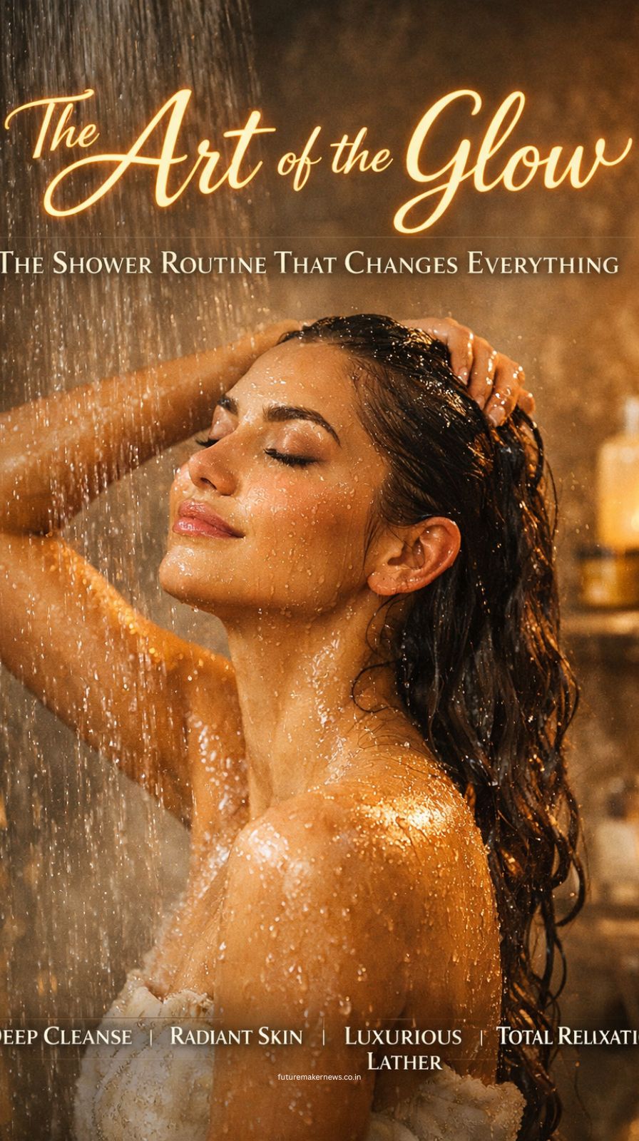 Woman with glowing skin stepping out of a steamy shower in a luxury bathroom
