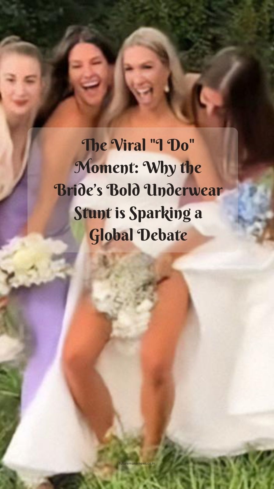 Bride revealing a bold reception outfit at a wedding while guests and groom react with surprise