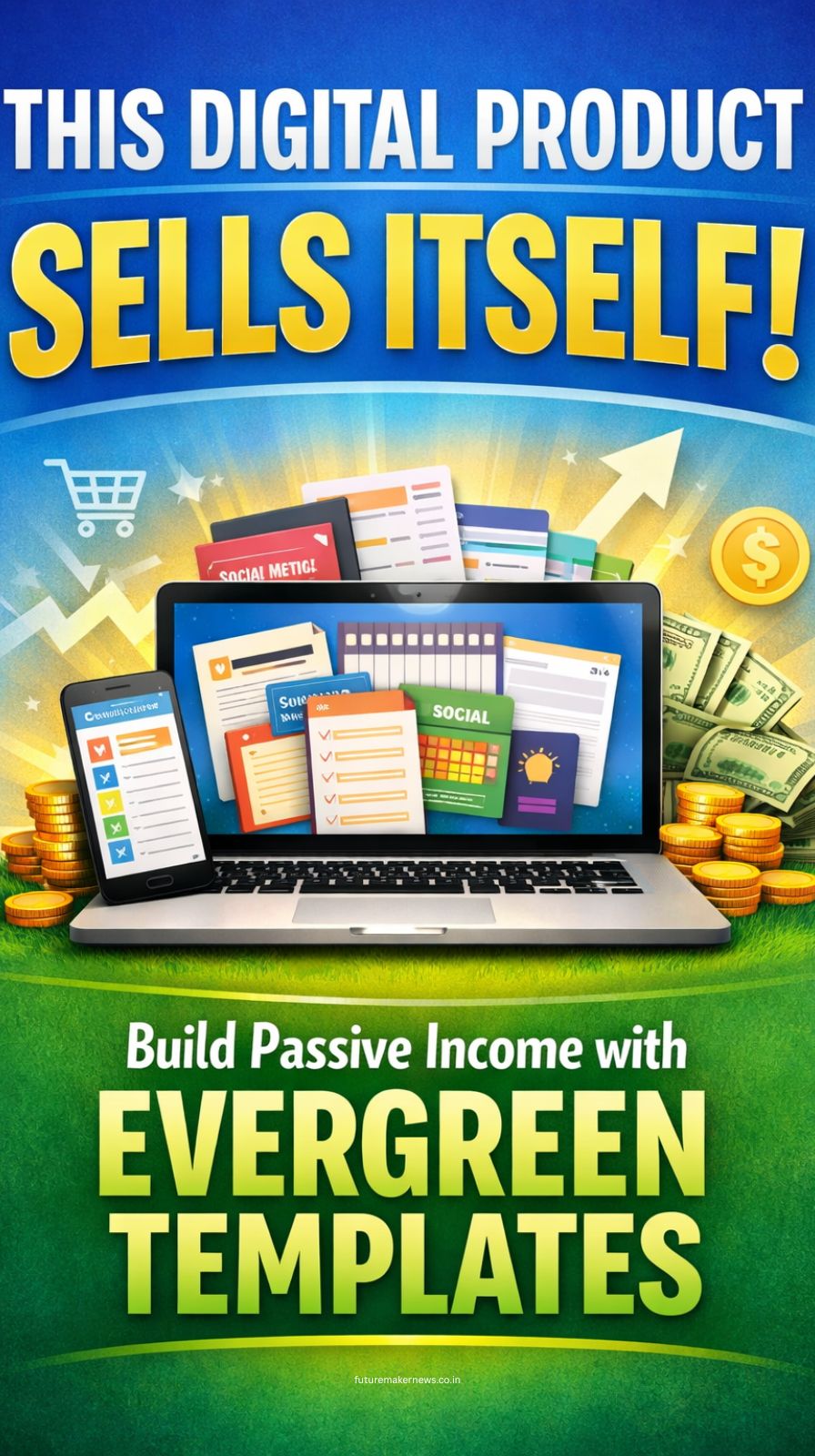 Digital product templates displayed on a laptop representing passive income and scalable online business