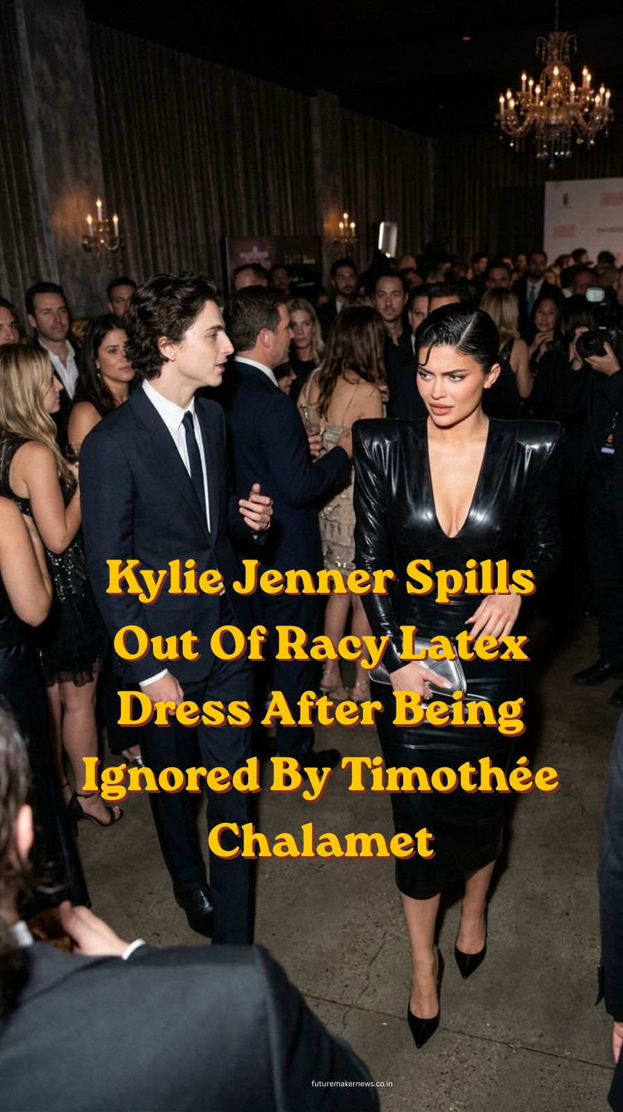 Red carpet scene showing a woman in a black latex dress posing confidently while a male celebrity stands apart, creating a sense of tension and distance.