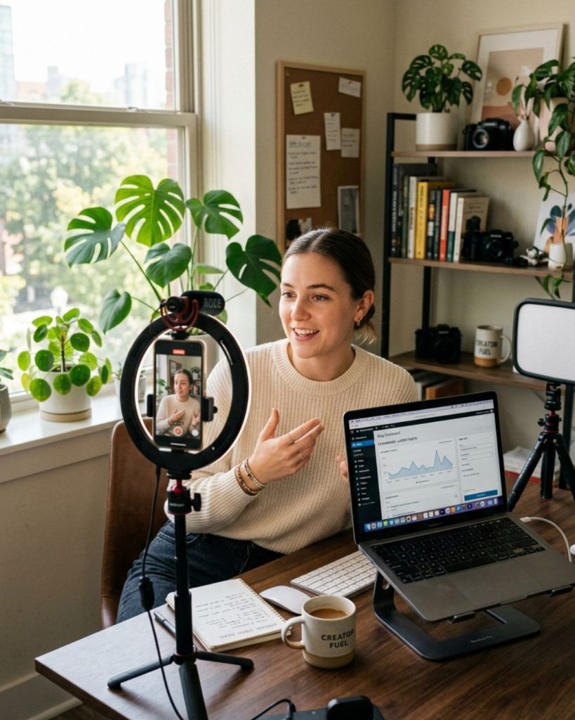 Content creator producing videos and blog content to attract traffic