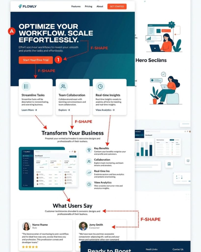 Website design demonstrating visual hierarchy and user attention flow