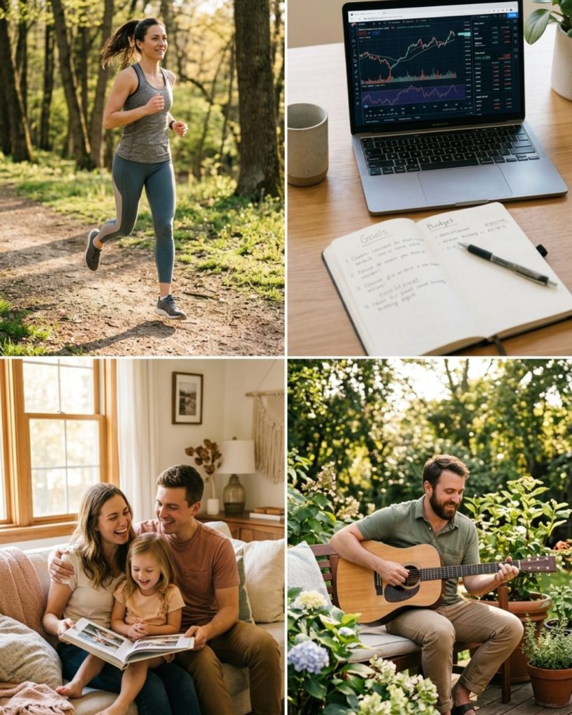 Collage showing health, finance, relationships, and hobbies representing evergreen niche ideas that stay relevant over time