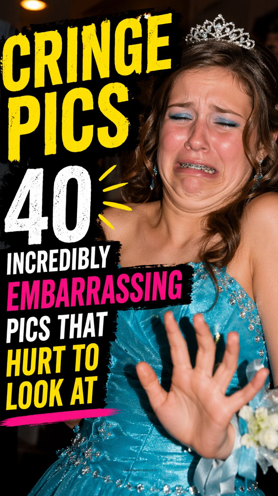 Collage of awkward cringe moments including gym posing, failed proposal, over-edited selfie, and corporate team building fail