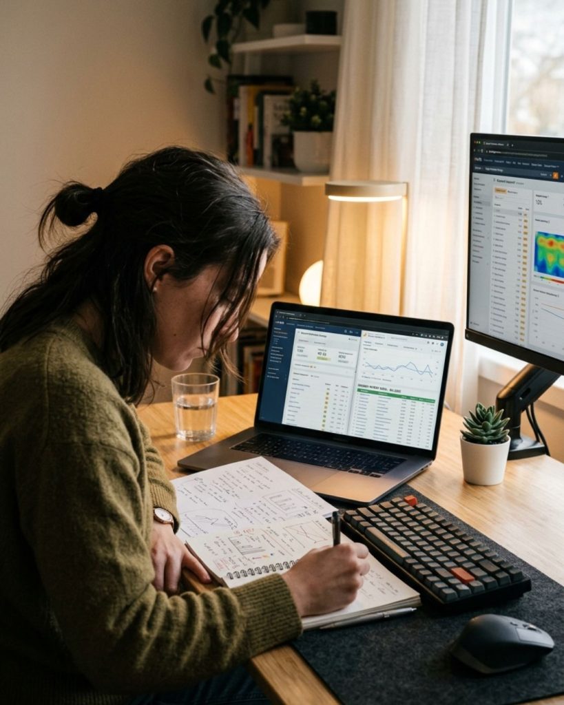 Person analyzing keyword research and data on a laptop representing high-intent content strategy and deep focus work