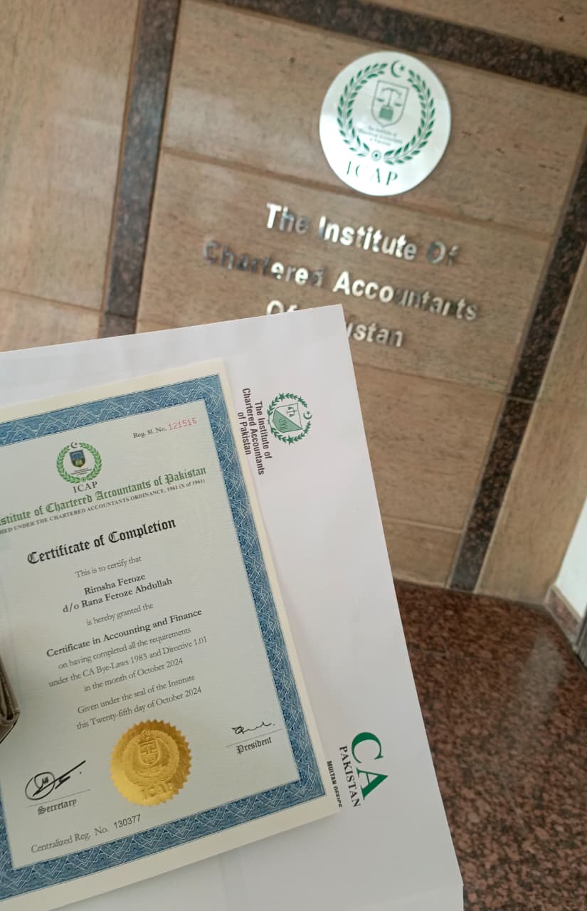 Rimsha Feroz ICAP Certificate Chartered Accountants of Pakistan CA milestone