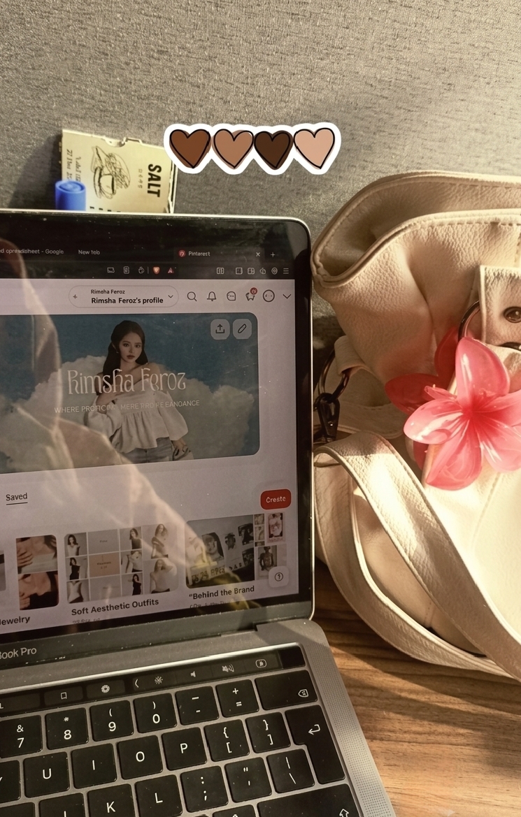 Rimsha Feroz Pinterest profile open on MacBook behind the scenes content creation strategy